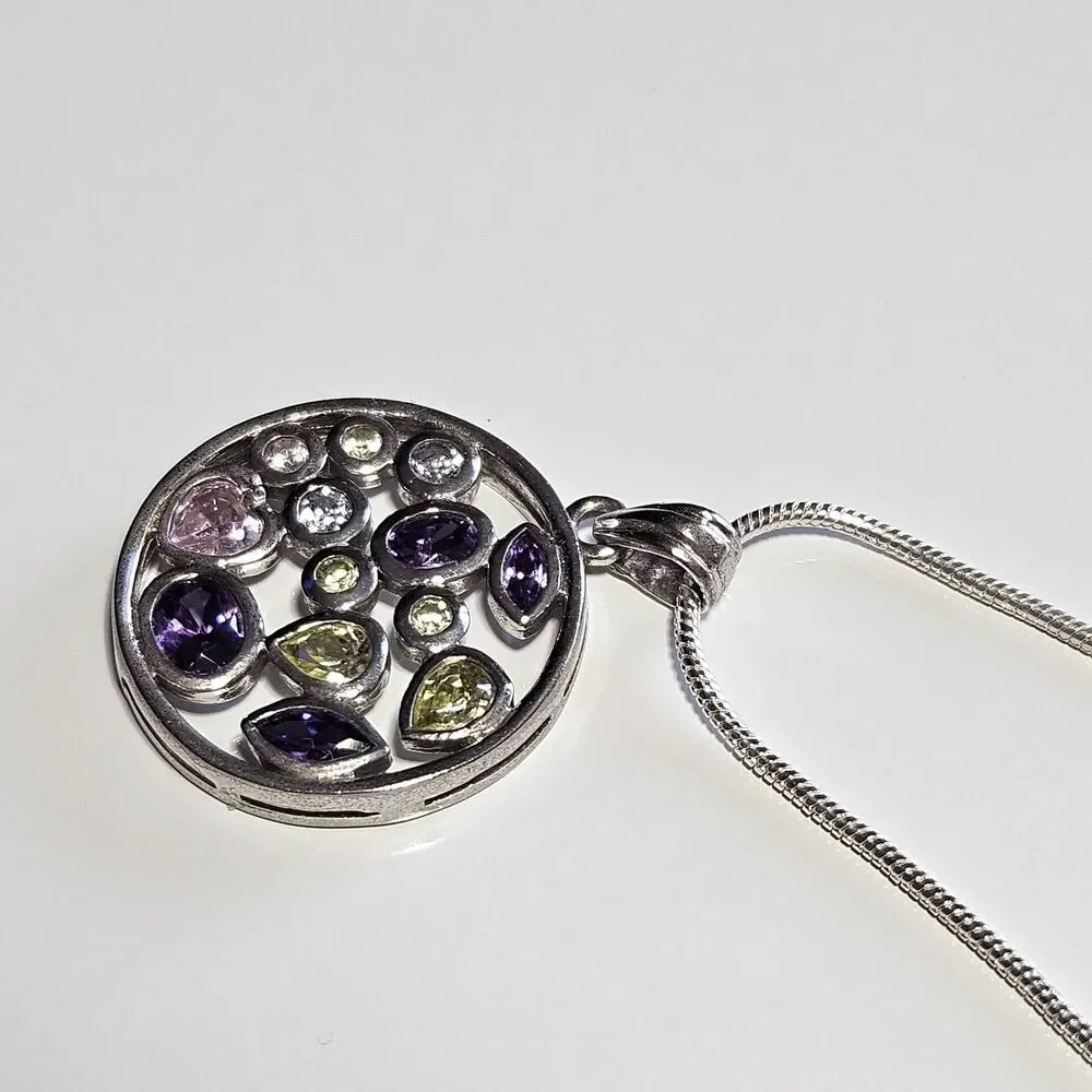 Sterling Silver Multicolored Rhinestone Round Pendant Necklace 20